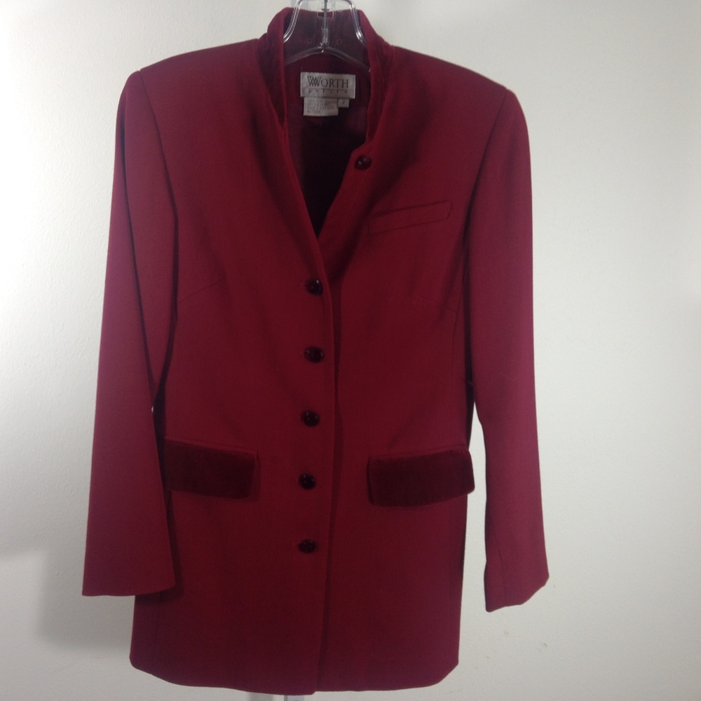 Worth Jacket Womens 2 Petite Red Burgundy Wool Long Suit Coat Lined Pockets